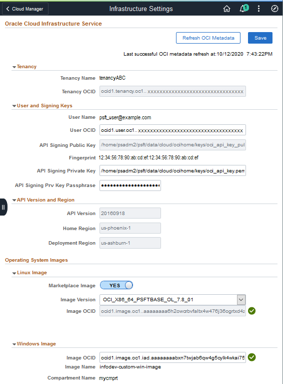 Infrastructure Settings page, final