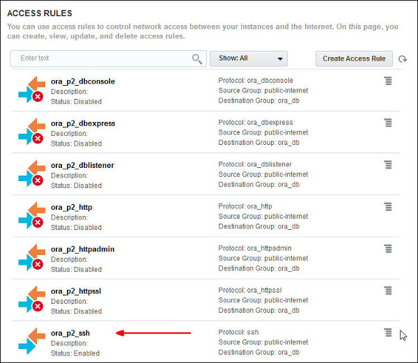 Access Rules page without navigation panels. Arrow pointing to ora_p2_ssh rule, the only one enabled.