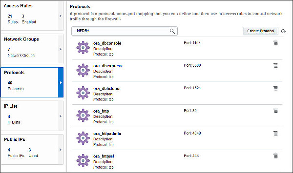 Network page: Protocols tab: displays the protocols set for the NFDBA instance.