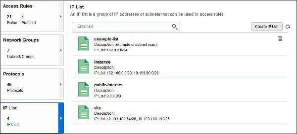 Network page with IP List tab selected displaying various defined IP lists