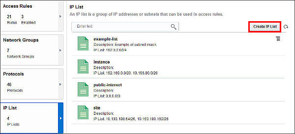 Network page, IP lists selected, Create IP List Highlighted