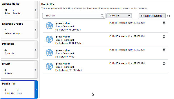 Network Page with Public IPs tab selected, showing the reserved IP addresses