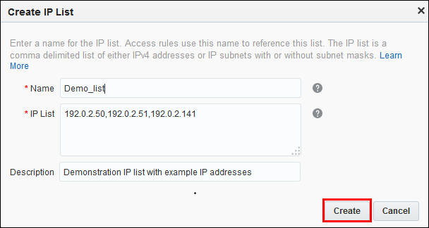 Create IP List dialog with list values. Create button highlighted