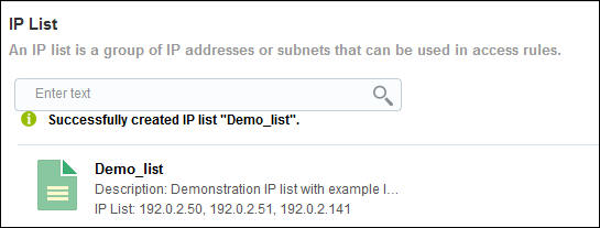 IP list view showing the Demo_list and confirmation message