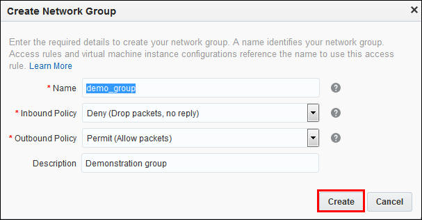 Create Network group dialog, with fields completed