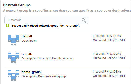 Network groups page showing a confirmation message and the demo_group entry