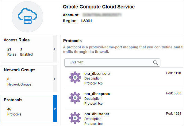 Compute Cloud Service console, with Protcols tab selected, a few protocols are display in this partial screenshot