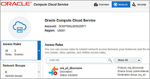 Compute Cloud Service console with Network page and Access Rules selected
