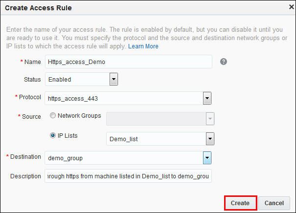 Create Access Rule dialog with information entered, and Create button highlighted