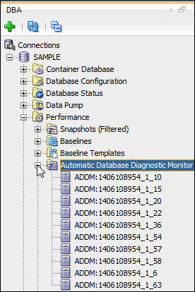DBA navigation pane with ADDM item expanded