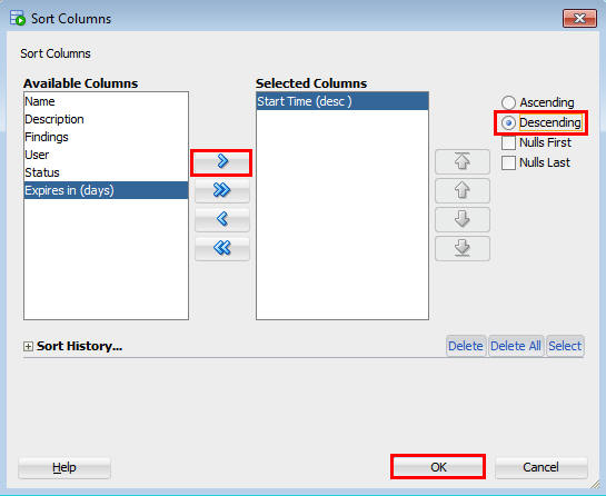 In the Sort Columns dialog, Move a column, selet Descending, Click OK.
