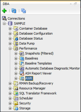 DBA navigator with AWR selected