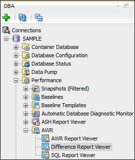 AWR section of DBA navigation pane with Difference Report Viewer selected
