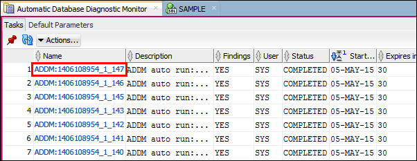 ADDM listing with latest task highlighted