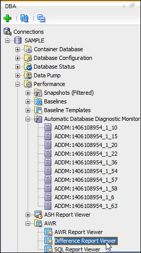 DBA navigator with AWR difference Report Viewer selected