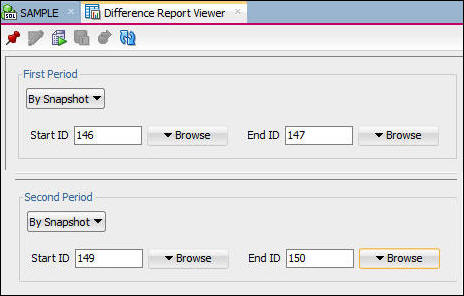 Difference Report Dialog with snapshots entered