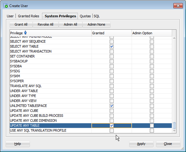 Create User System Privileges