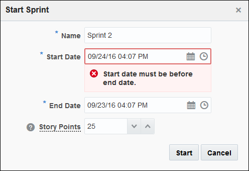 Start Sprint dialog box for Sprint 2 with error message