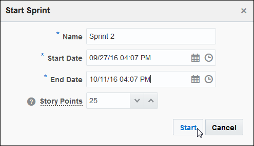 Start Sprint dialog box for Sprint 2