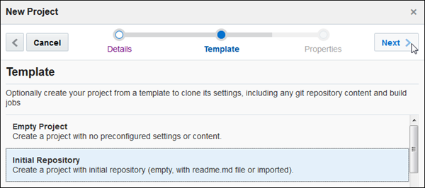 Second page of New Project wizard