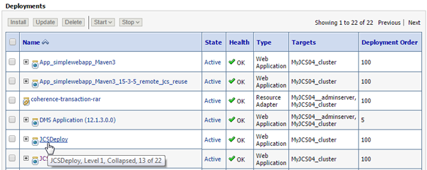 Deployments table in the WebLogic Administration Console