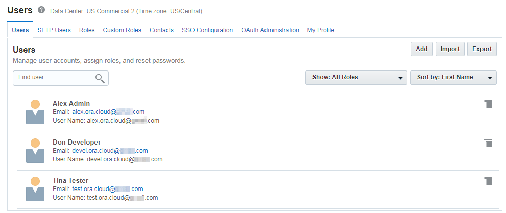 Users tab in the Oracle CloudDasboard with all added users