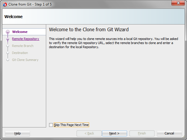 Welcome page of the Clone from Git wizard