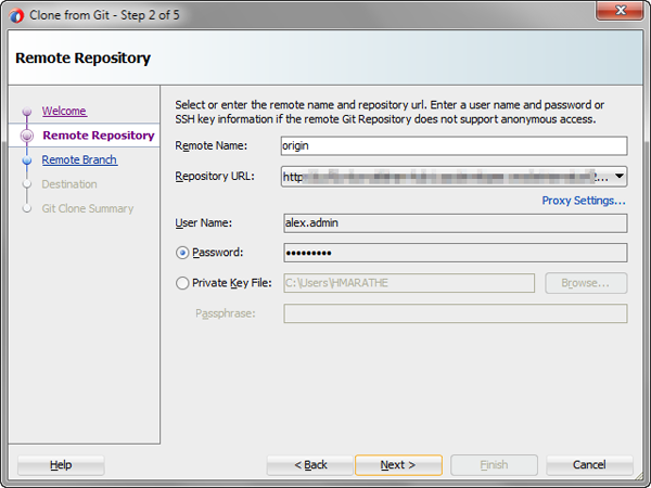 Remote Repository page of the Clone from Git wizard