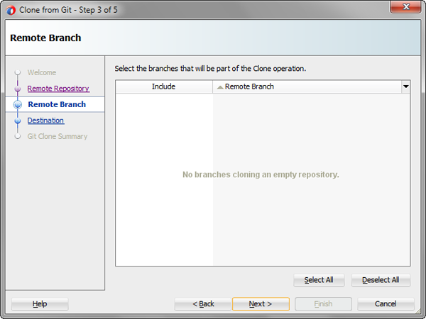 Remote Branch page of the Clone from Git wizard