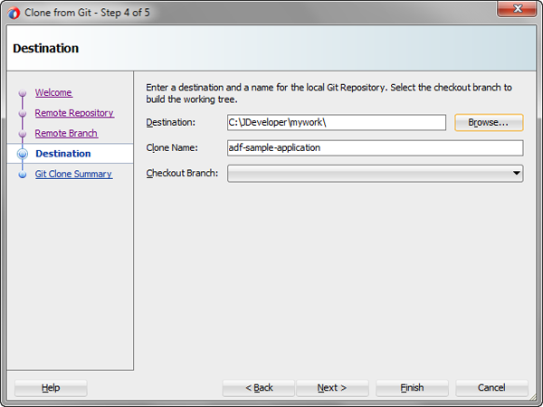 Destination page of the Clone from Git wizard
