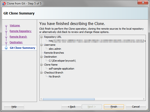 Git Clone Summary page of the Clone from Git wizard