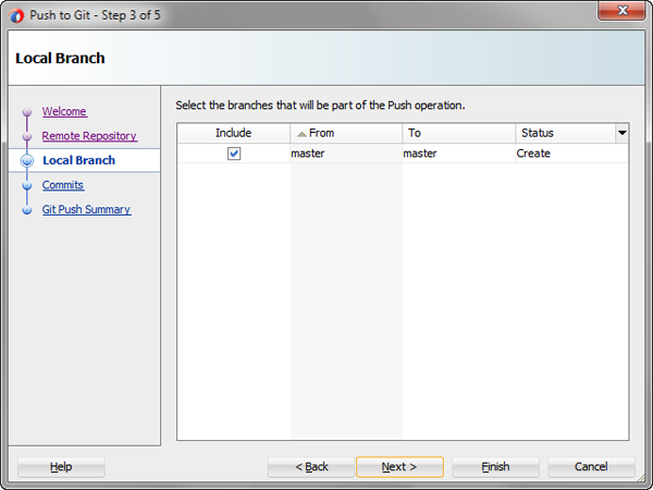 Local Branch page of the Push to Git wizard