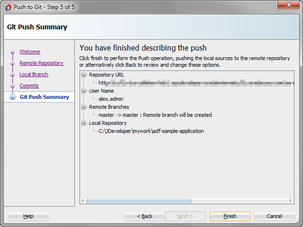 Git Push Summary page of the Push to Git wizard