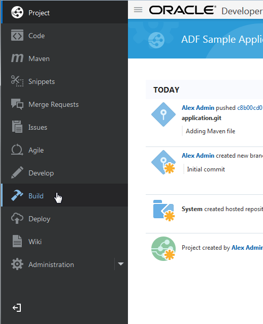 Build option the Oracle Developer Cloud Service project navigation bar
