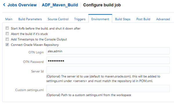 Environment tab of the Configure Build job page