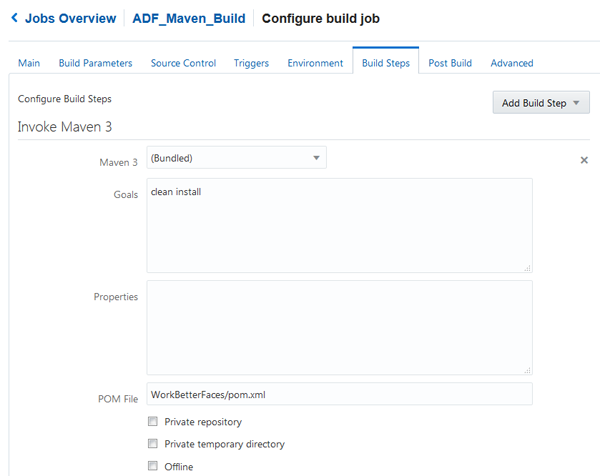 Build Steps tab of the Configure Build job page