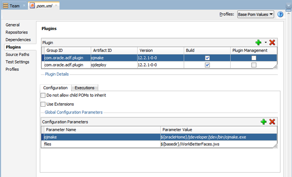 Plugins tab of the POM file editor