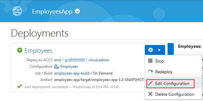 Gear menu of a deployment configuration in the Deploy page