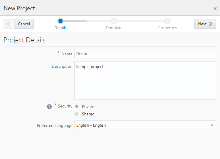 Project Details page of the New Project wizard