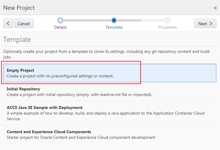Template page of the New Project wizard