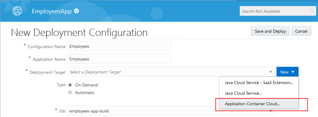Deployment Target field of the New Deployment Configuration page