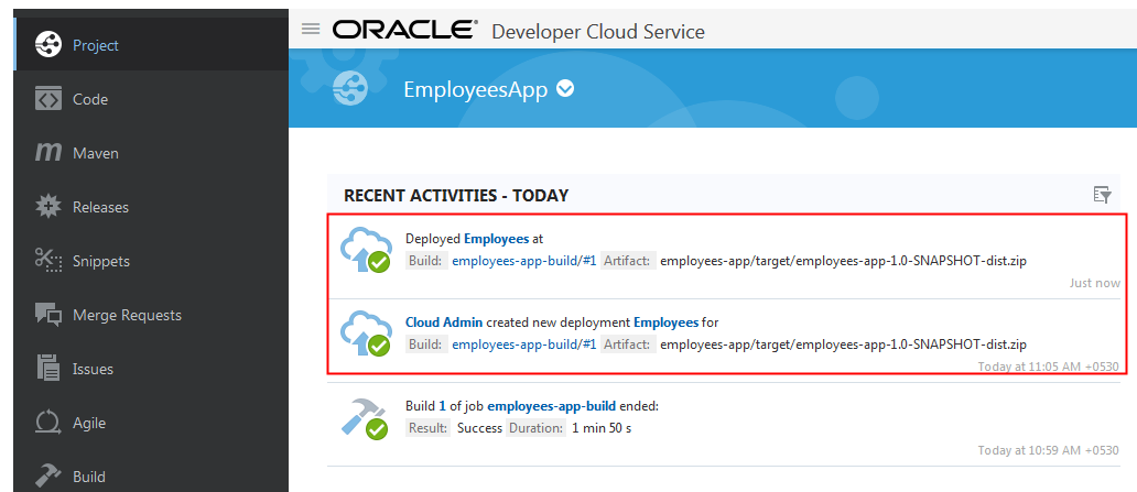 Project page with the deployment activity