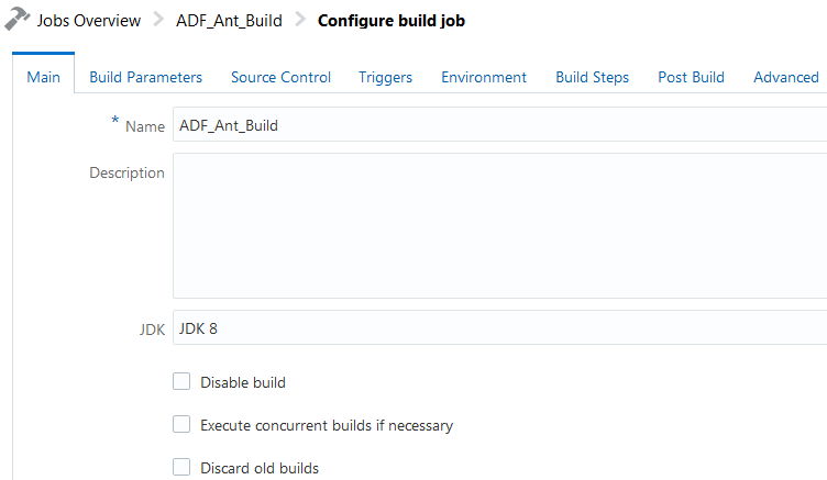 Main tab of the Configure Build job page