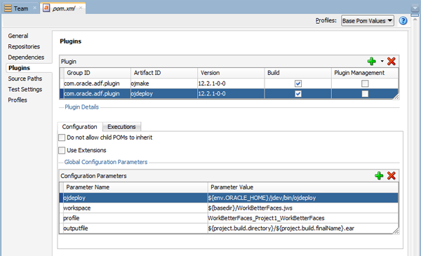 Plugins tab of the POM file editor