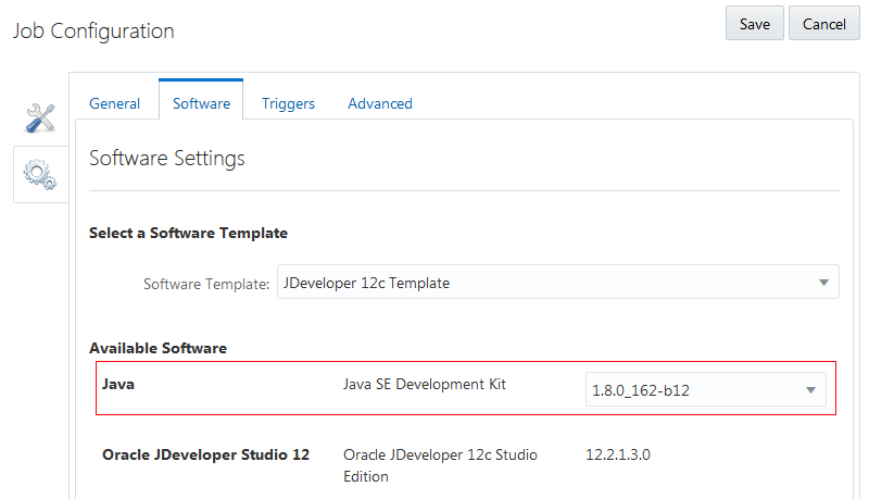 Software tab of the Configure Build Job page