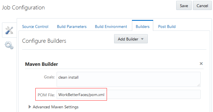 Builders tab of the Configure Build job page