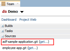 Sources section of the open project in the Team tab