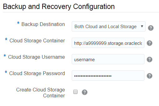Create Service: Service Details page - Backup and Recovery Configuration subsection