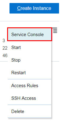 Instances page - Action menu