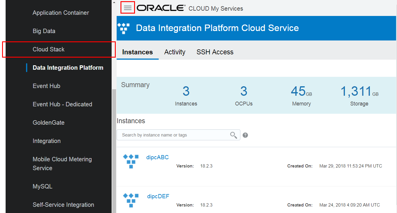 From menu options of My Services page, go to Cloud Stack